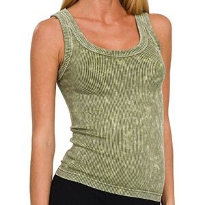 306. Olive Two Way Neckline Wash Ribbed Tank Top